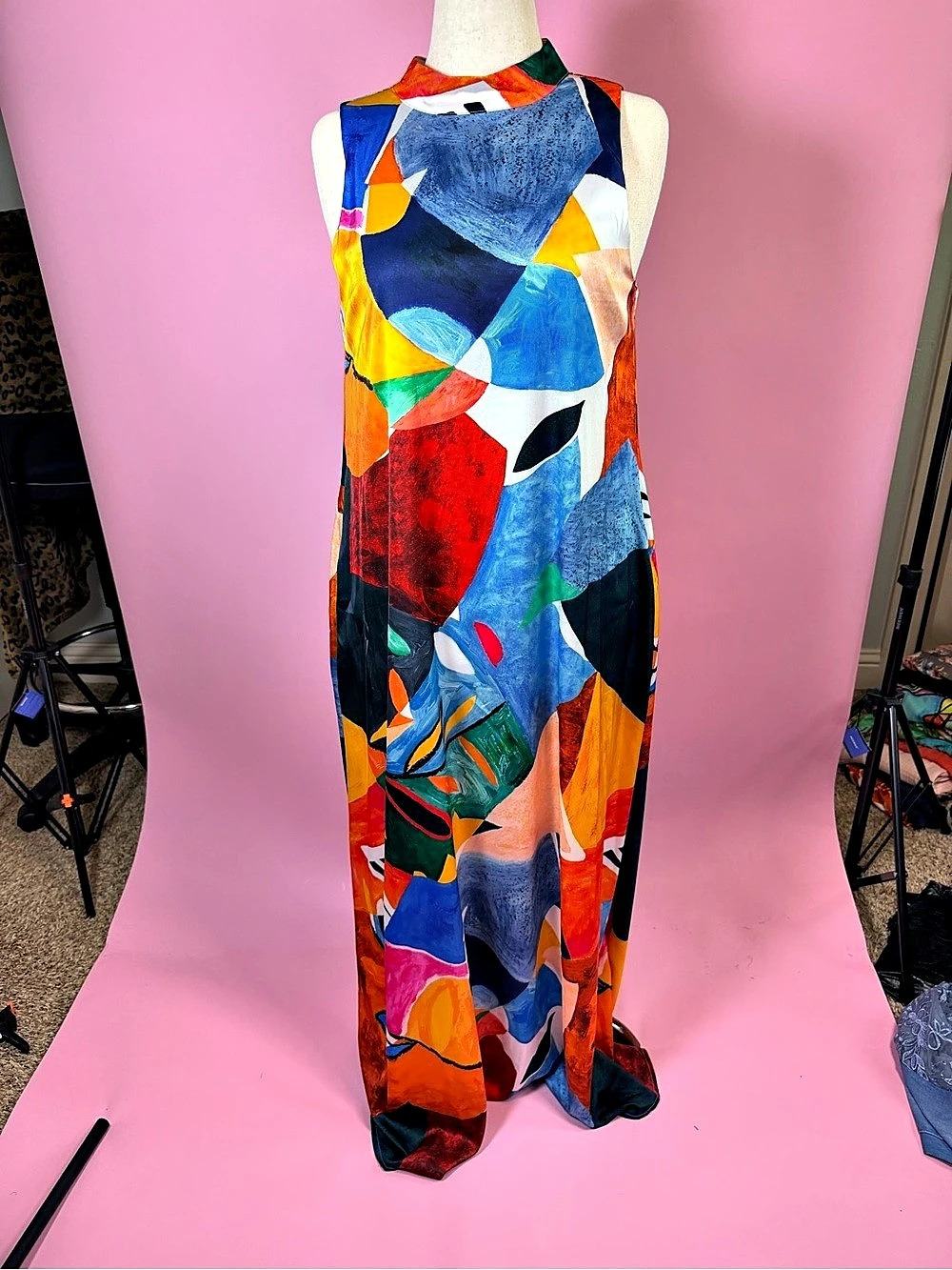 Nicole Miller New York Abstract Print Mock Neck Maxi Dress Medium Like New